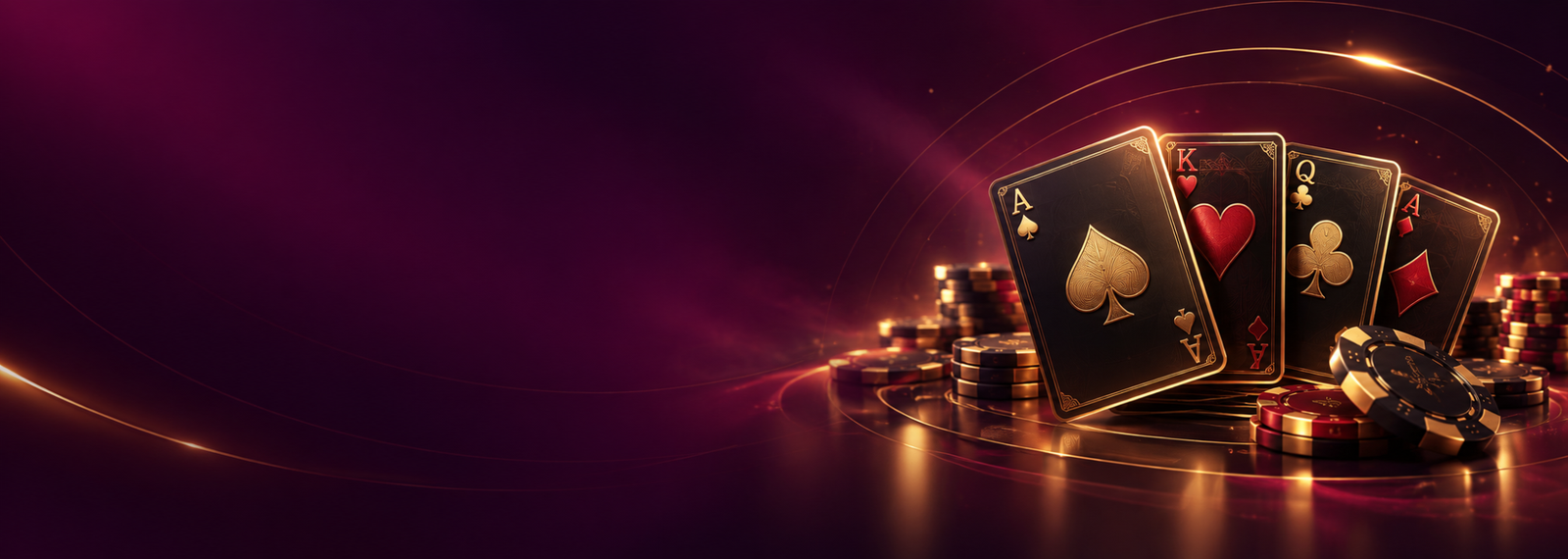 Gold-edged cards and chips on a plum background